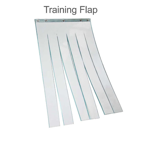 A plastic strip door with multiple overlapping flaps.
