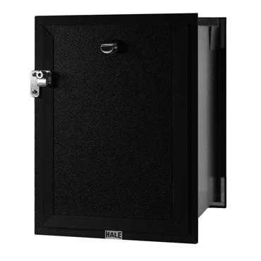 Black metal access panel with a latch and a small handle, partially open.