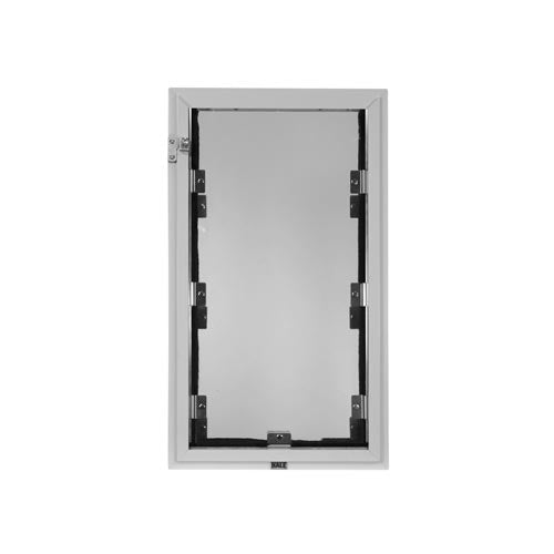 A white, rectangular pet door on a white background is shown in the image.