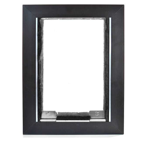 Black-framed rectangular pet door with a white interior and metal clips on the bottom.