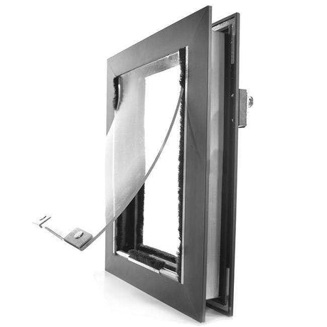 Open, square, framed pet door with a flexible flap.