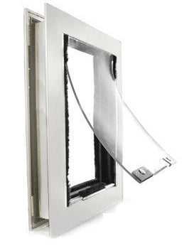 Angled view of a pet door with a partially open, clear flap_Color_White