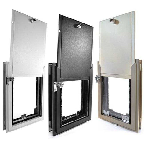 Three dog doors in white, black, and tan with metal frames are shown with the security panels opened.