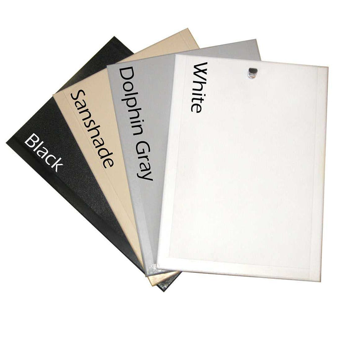Color sample swatches in black, sanshade, dolphin gray, and white.