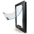 Hale Pet Door for Screens, brushed aluminum, small medium flap, three-quarter view of a Hale bronze screen-mount pet door with the clear flexible flap held propped out, and HALE wordmark badge.