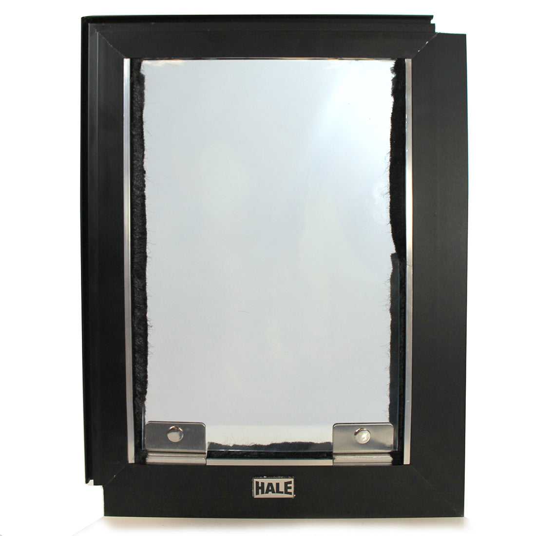 A Hale pet door with a black frame and a silver latch.