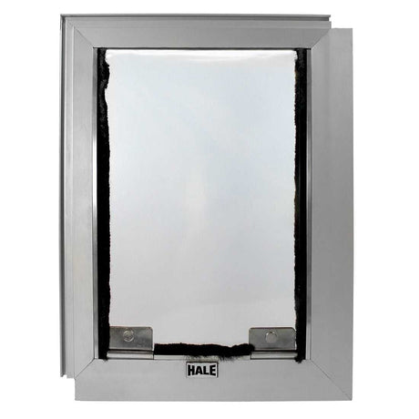 A Hale brand pet door with a silver frame.