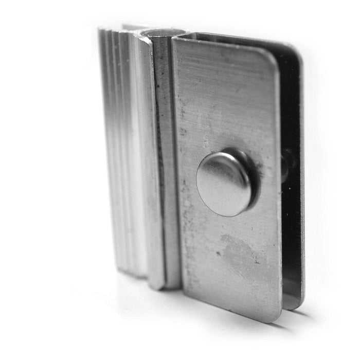 A close-up studio shot of a metallic hinge.