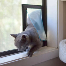 A gray cat goes through a pet door in a screened window.