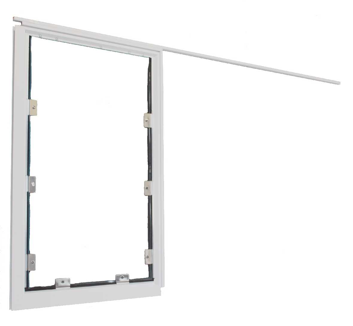 White window frame with sliding rail.