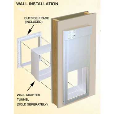 Diagram showing the wall installation of a pet door, with an outer frame and wall adapter tunnel illustrated.