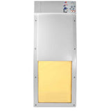 A pet door with a yellow flap.