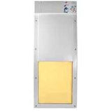 A pet door with a silver metal frame and a yellow flap.