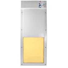 A pet door with a silver metal frame and a yellow flap.