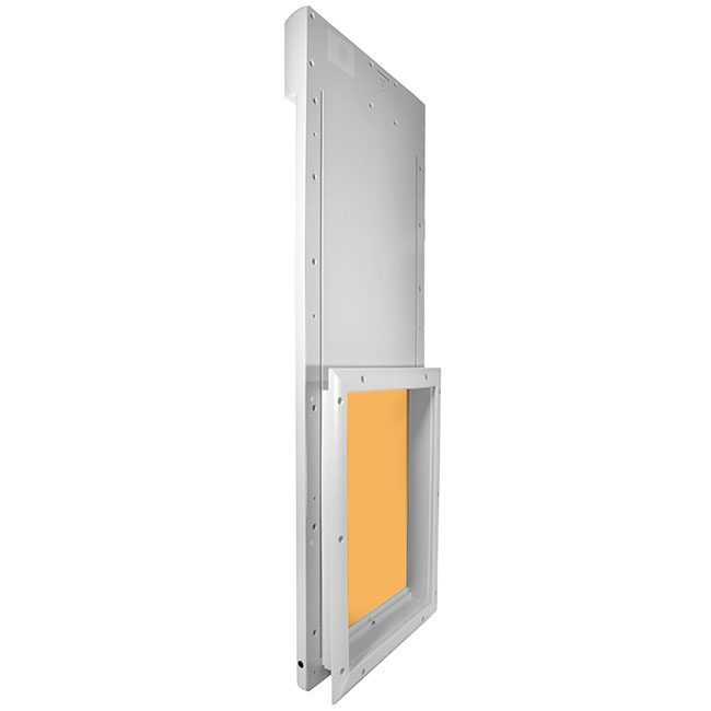 Angled view of a white metal pet door with a yellow flap.
