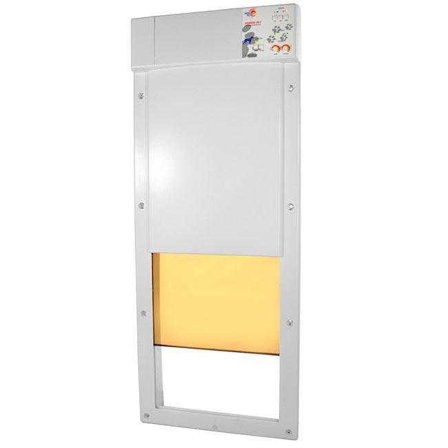 White, rectangular automatic pet door with a partially open sliding panel revealing a yellow-toned interior._Color_White