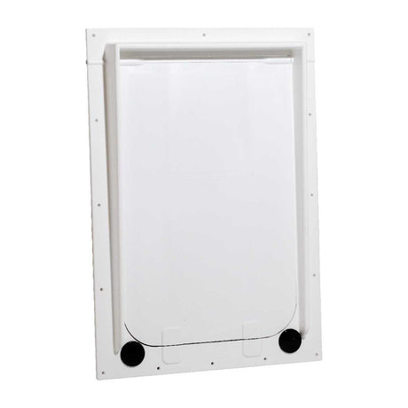 A white, rectangular pet door on a white background_Color_White