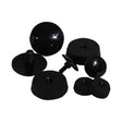 A collection of various black knobs, screws, and fasteners.