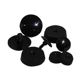 A collection of various black knobs, screws, and fasteners.