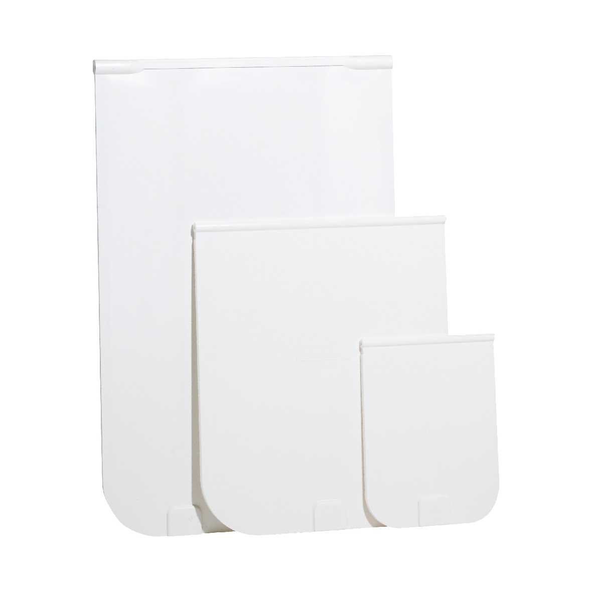 Three white, rectangular, and rounded-bottomed objects of varying sizes are arranged in a staggered fashion.