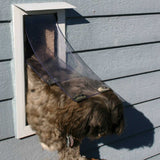 A dog exits a white-framed dog door with a clear flap on a blue-sided house.