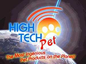 A logo for "High Tech Pet" with an image of Earth in the background.