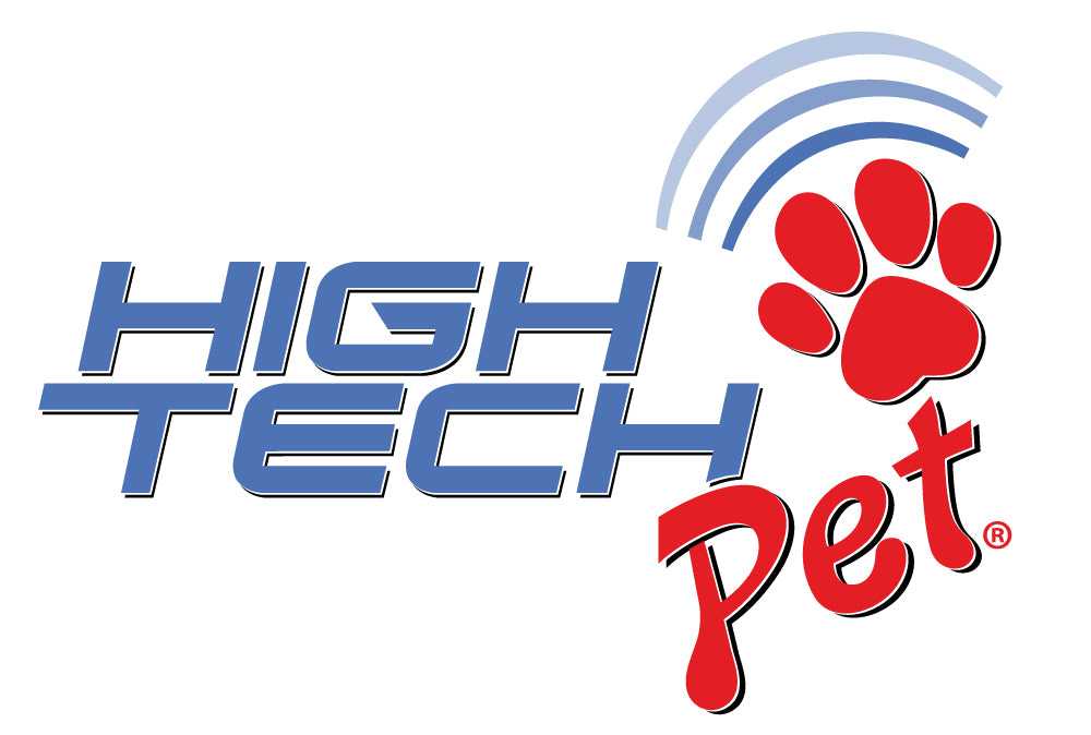 The image displays the logo for "High Tech Pet," featuring bold blue text, a red paw print with radiating blue lines above it, and stylized red cursive text for "Pet" with a registered trademark symbol.