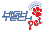 The image shows the logo for "High Tech Pet" with a blue text block, a red paw print with curved blue lines above it, and the word "Pet" in red cursive.