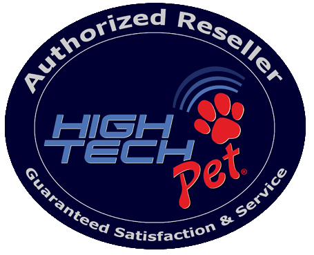 Blue circle with the words "Authorized Reseller" at the top, the words "Guaranteed Satisfaction & Service" at the bottom, and in the middle the words "High Tech Pet" with a paw print and signal graphic.