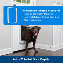 A chocolate Labrador dog walks through a white pet door installed in a white door.