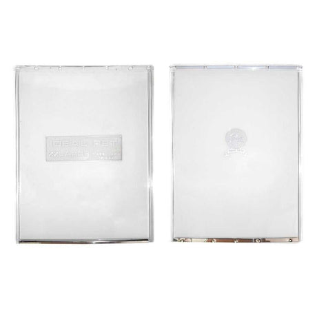 Two clear, rectangular pet door flaps are shown side-by-side on a white background.