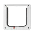 White plastic pet door frame with weather stripping and a red locking mechanism.