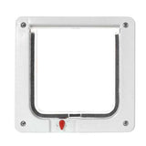 White plastic pet door frame with weather stripping and a red locking mechanism.