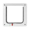 White plastic pet door frame with weather stripping and a red locking mechanism.