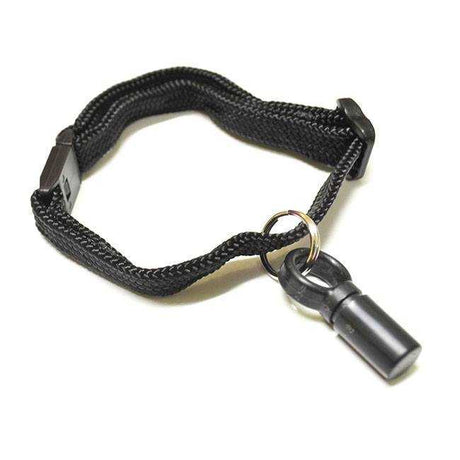 Black woven strap with a buckle and a cylindrical attachment on a ring.