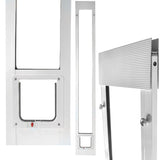 Three views of a white pet door designed to fit into a sliding glass door track.