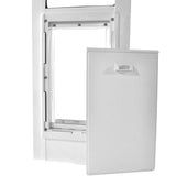A white pet door frame with a removable panel.