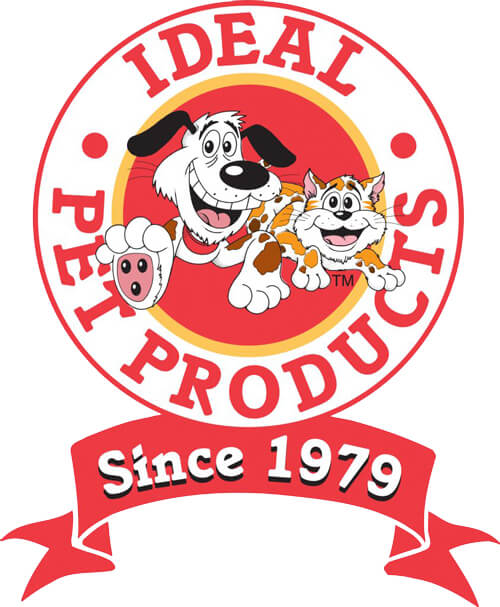 Logo for "Ideal Pet Products Since 1979" featuring a cartoon dog and cat.
