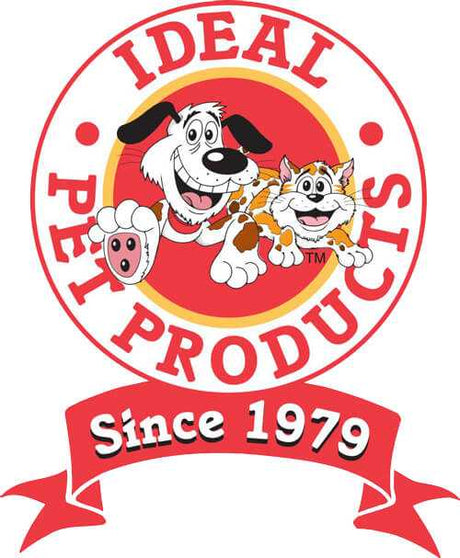 Ideal Ruff Weather Frame Gasket, Ideal Pet Products brand badge logo on white, with a red outer ring carrying arched IDEAL across the top and PET PRODUCTS across the bottom, a thinner yellow inner ring, and a central red disc with cartoon white dog and orange-and-white cat.