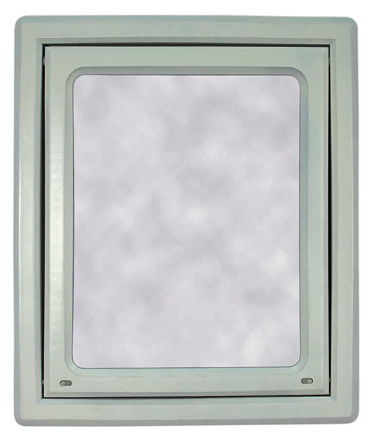 A framed rectangular mirror with rounded corners.
