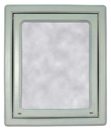 A framed rectangular mirror with rounded corners.
