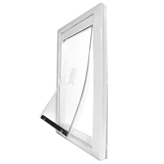 A white framed dog door with a partially open clear flap.