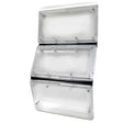 Three stacked, clear plastic electrical enclosures are connected by black bands.