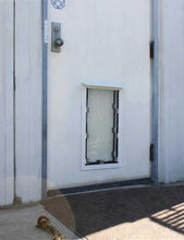White door with a small dog door installed in it.