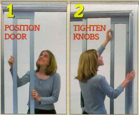 Two-panel illustration demonstrating installation steps for a door.