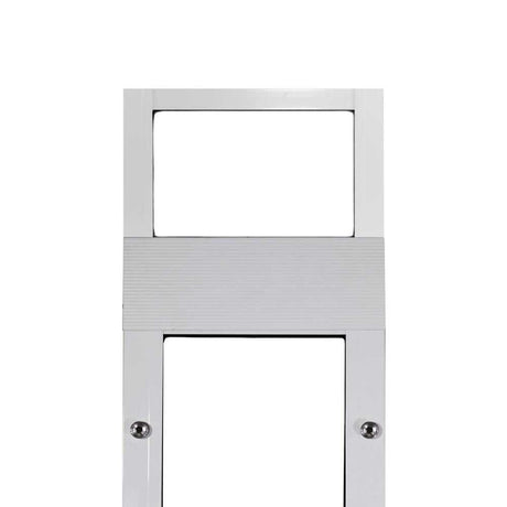 Close-up of a white metal frame with openings and horizontal ribbed panel.