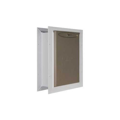 White framed pet door with a brown flap.