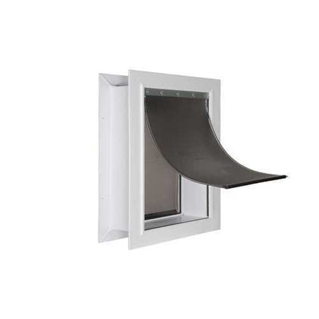 A white framed pet door with a black flap.