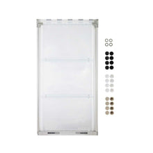 A pet door with a clear flexible flap and a selection of colored screw caps.