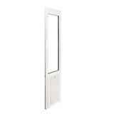White sliding glass door insert with a pet door at the bottom.